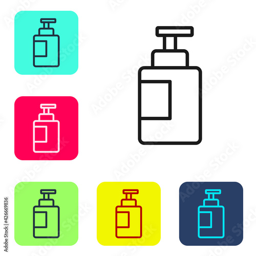 Black line Hand sanitizer bottle icon isolated on white background. Disinfection concept. Washing gel. Alcohol bottle for hygiene. Set icons in color square buttons. Vector