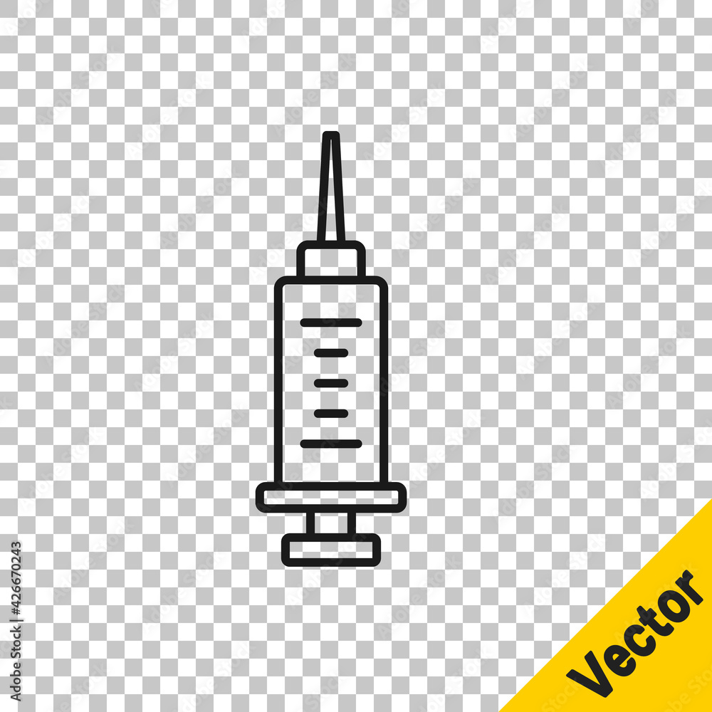 Black line Syringe icon isolated on transparent background. Syringe for vaccine, vaccination, injection, flu shot. Medical equipment. Vector Black line Syringe icon isolated on transparent background. Syringe for vaccine, vaccination, injection, flu shot. Medical equipment. Vector