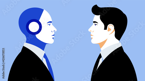 Businessman and the robot are facing each other. Concept of artificial intelligence in business-optimization, robotization, data processing. Vector illustration of cyborg and human.