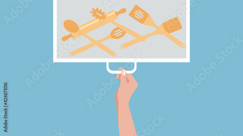 Kitchen drawer with wooden spoons and spatulas. A female hand opens a cupboard in the kitchen. Vector illustration.