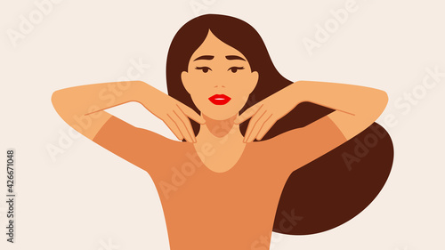 Cute young woman standing in front and touching her face. Concept of skincare, daily routine, facelifting massage, procedure. Flat modern cartoon  illustration.