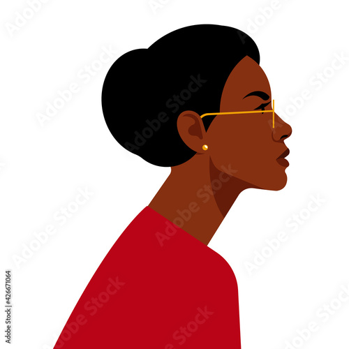Beautiful black Lady. Attractive african american mature woman. Female portrait, close-up beautiful face, eyeglasses, smart. Side view, head and shoulders. Modern realism face on white background.