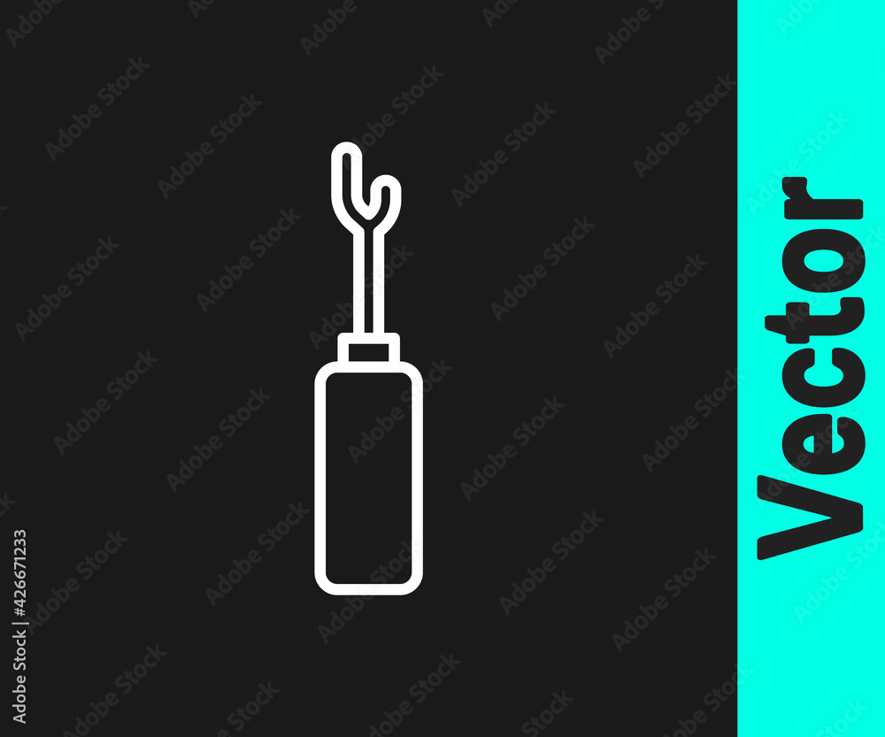 White line Awl tool with wooden handle icon isolated on black background. Work equipment tailor industry. Vector White line Awl tool with wooden handle icon isolated on black background. Work equipment tailor industry. Vector