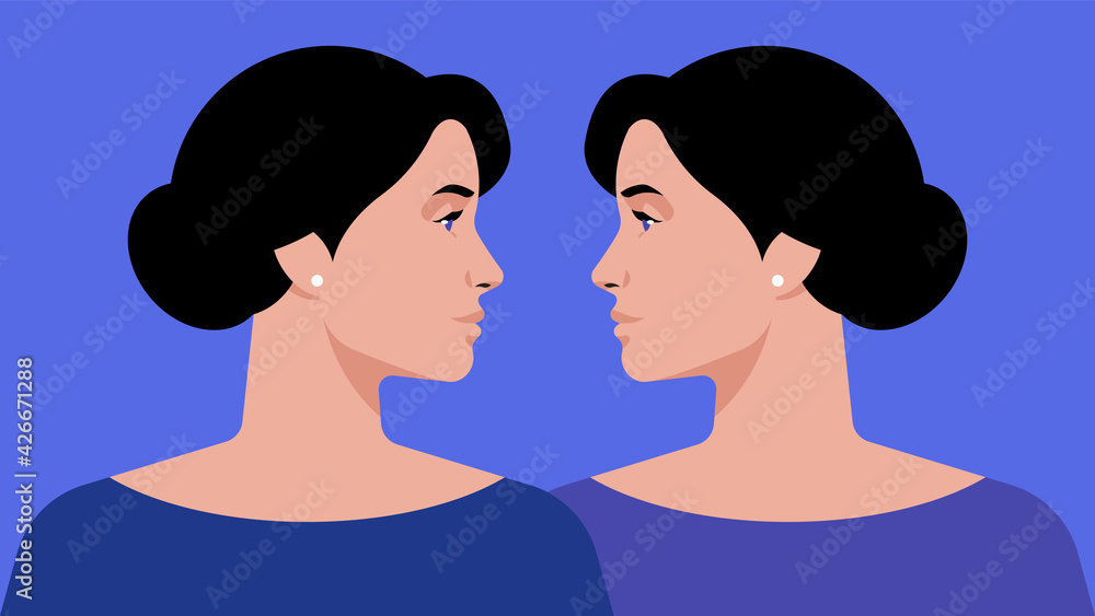 Twins sisters - Portrait of two identical women look at each other. Two beautiful girls on a blue background. Vector modern illustration. Gemini. Twins. Twins sisters - Portrait of two identical women look at each other. Two beautiful girls on a blue background. Vector modern illustration. Gemini. Twins.