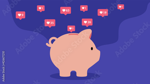Popularity. Pig piggy bank and likes in social networks. Recognition, appreciation, fame, monetization of popularity, the concept of influence in the network. Vector illustration.