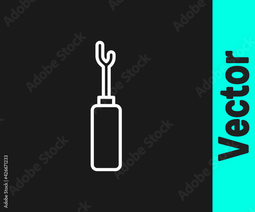 White line Awl tool with wooden handle icon isolated on black background. Work equipment tailor industry. Vector