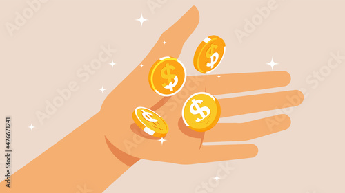 Gold coins in hand. Falling coins with the dollar sign. Open hand. The concept of profit, easy money, dividends, payouts, winnings. Vector illustration.
