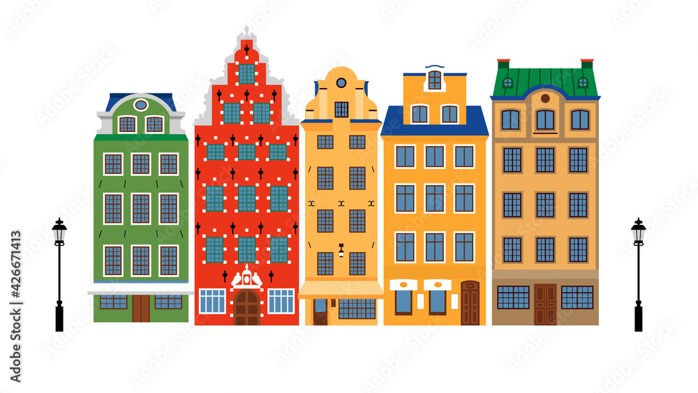 Amsterdam with typical Dutch houses. Holland, the Netherlands. Colorful buildings in one row. Vector illustration on a white background.