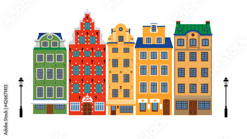 Amsterdam with typical Dutch houses. Holland, the Netherlands. Colorful buildings in one row. Vector illustration on a white background.