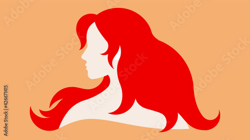 Redhead female silhouette. Young woman, fluttering red hair, white skin, side view face. Vector drawing for postcard, poster, logo, banner.