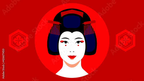 Geisha Portrait - japanese geisha with make-up, hairstyle, hairpins. Close-up female face on red background. Concept of japanese culture, traditional garment. Vector modern set of avatar, icons.