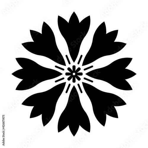 Abstract cornflower shape. Black cornflower flower print. Black flower with center and petals top view. Vector illustration for  logo, icon, decoration, wrapping design.