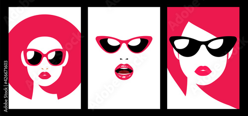 Abstract art posters with female faces - red lips, teeth, modern sunglasses, white skin. Glossy red lips, face silhouette, sensual woman portrait. Contemporary trendy art.