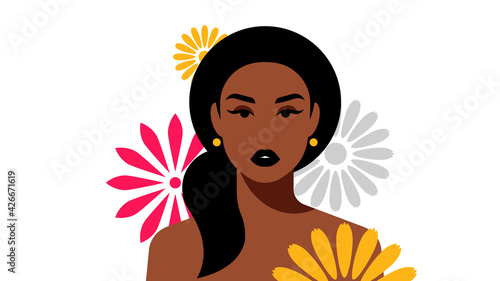 Portrait of beautiful dark skinned women with gigantic flowers. Brunette, long hair, ponytail. Female portrait, head, shoulders, abstract floral shapes. Modern vector avatar, logo, print, banner.