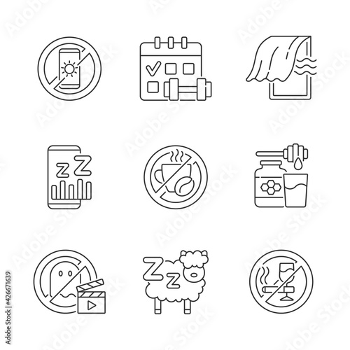 Insomnia reasons linear icons set. No device before bedtime. Sleep hygiene improvement. Regular exercise. Customizable thin line contour symbols. Isolated vector outline illustrations. Editable stroke