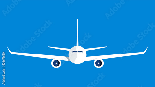 Flying plane, front projection. Large passenger liner in the blue sky. Modern flat illustration. Copy space.