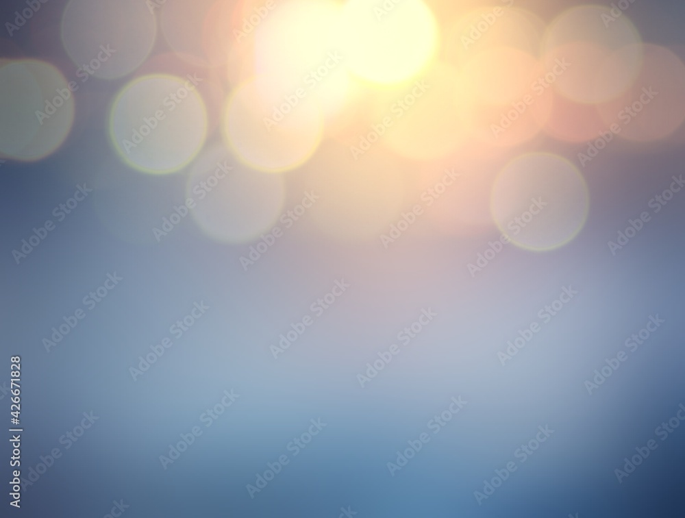 Golden bokeh flares top on blue defocus empty background. Simple pattern.