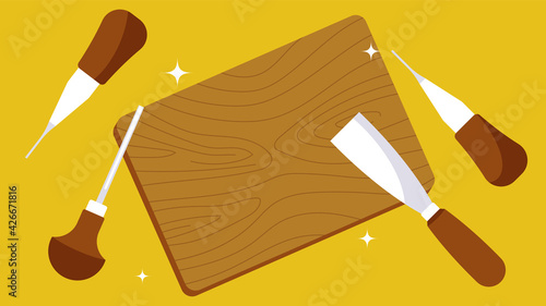 Wood carving set. Wood carving tools. Hobbies, hobby, carpentry, crafts. Modern vector bundle.