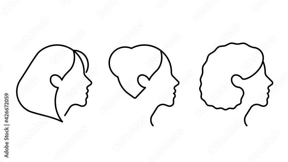 Simple Set of female faces Vector Line icon. Female user profile icon, side view, head, hairstyles. Diversity and variety. Contemporary modern icon Simple Set of female faces Vector Line icon. Female user profile icon, side view, head, hairstyles. Diversity and variety. Contemporary modern icon