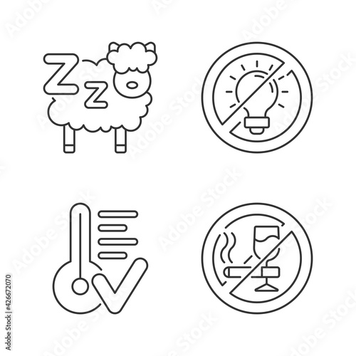 Sleep hygiene linear icons set. Counting sheeps before bedtime. No brightness. Comfortable temperature. Customizable thin line contour symbols. Isolated vector outline illustrations. Editable stroke