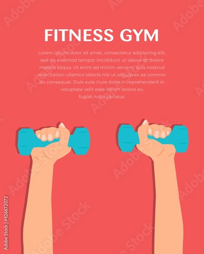Woman doing fitness exercises. Pretty Fitness girl with dumbbells. Athletic woman holding dumbbells. Beautiful gym girl holing a dumbbell Vector illustration