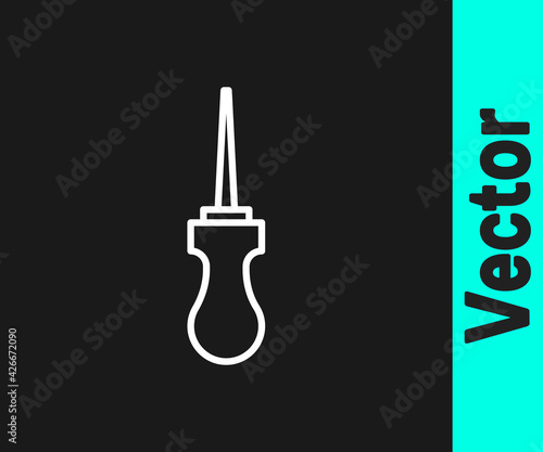 White line Awl tool with wooden handle icon isolated on black background. Work equipment tailor industry. Vector