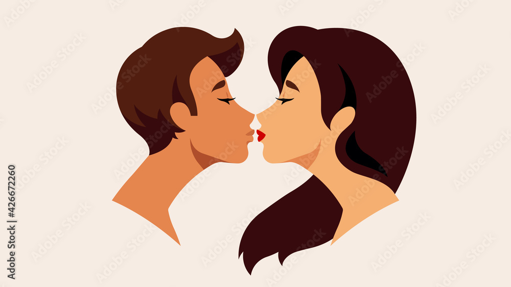 Close up side view portrait of beautiful woman with long hair kissing with her boyfriend. Beautiful couple, human silhouettes, side view. Contemporary modern vector.