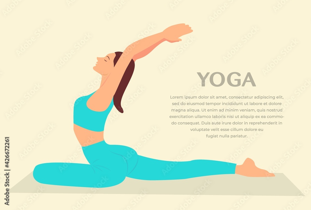 Woman practicing yoga fitness gymnastics. Banner with illustration of woman doing yoga asana or pilates exercise on mat Vector Illustration. Girl standing in pigeon kapotasana pose Woman practicing yoga fitness gymnastics. Banner with illustration of woman doing yoga asana or pilates exercise on mat Vector Illustration. Girl standing in pigeon kapotasana pose