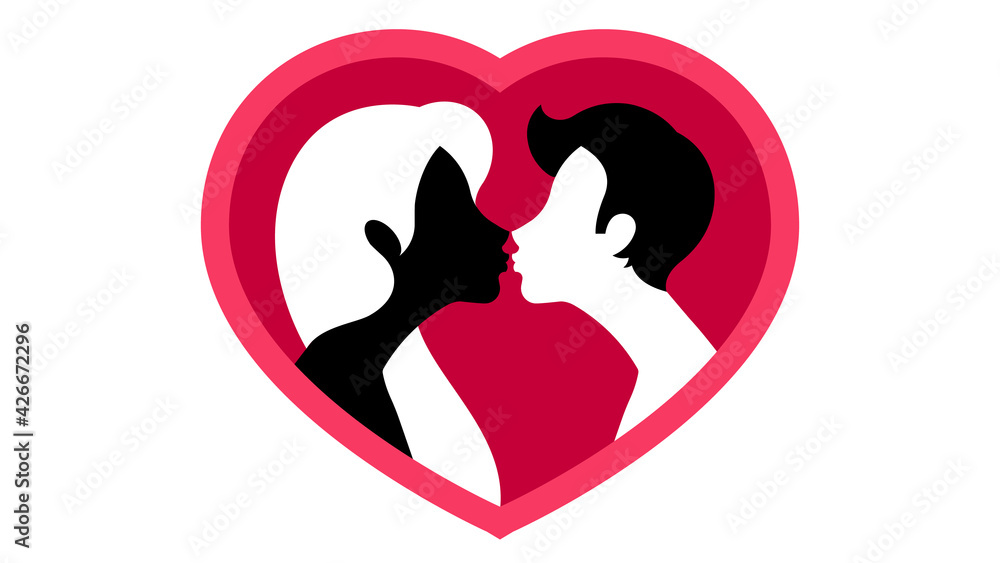 Silhouette of people kissing on the background of giant red heart. Abstract young couple, male and female silhouettes, side view. Modern modern vector.