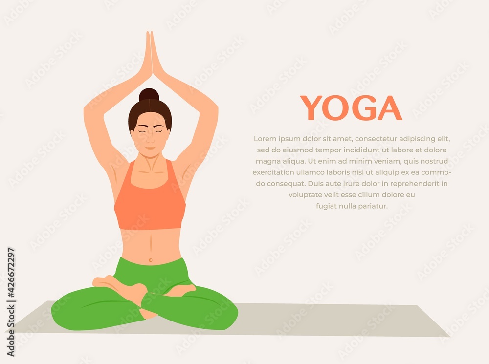 Woman practicing yoga fitness gymnastics. Banner with illustration of woman doing yoga asana or pilates exercise on mat Vector Illustration. Girl standing in Sukhasana pose or Namaste Padmasana pose Woman practicing yoga fitness gymnastics. Banner with illustration of woman doing yoga asana or pilates exercise on mat Vector Illustration. Girl standing in Sukhasana pose or Namaste Padmasana pose