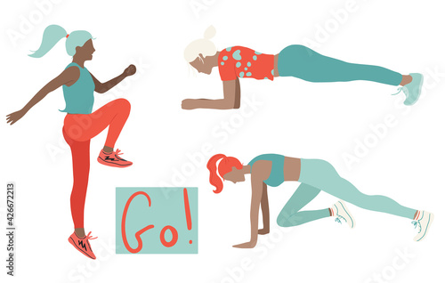 Set of  women doing workouts isolated on white background