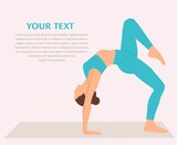 Woman practicing yoga fitness gymnastics. Banner with illustration of woman doing gymnastics or pilates exercise on mat Vector Illustration. Girl standing in stretching posture