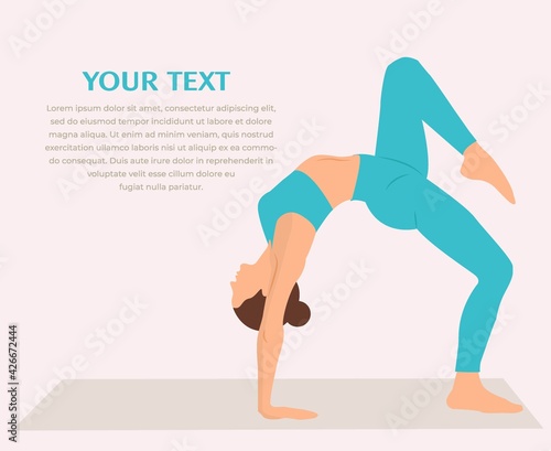 Woman practicing yoga fitness gymnastics. Banner with illustration of woman doing gymnastics or pilates exercise on mat Vector Illustration. Girl standing in stretching posture