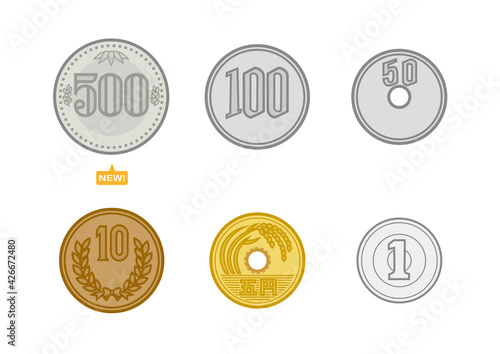 日本のお金のセット 新500円硬貨 100円 50円 10円 5円 1円 イラスト ベクター