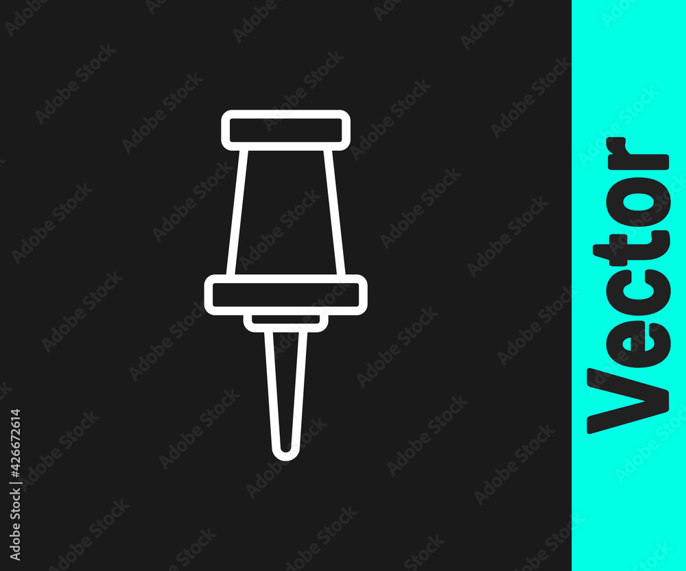 White line Push pin icon isolated on black background. Thumbtacks sign. Vector White line Push pin icon isolated on black background. Thumbtacks sign. Vector
