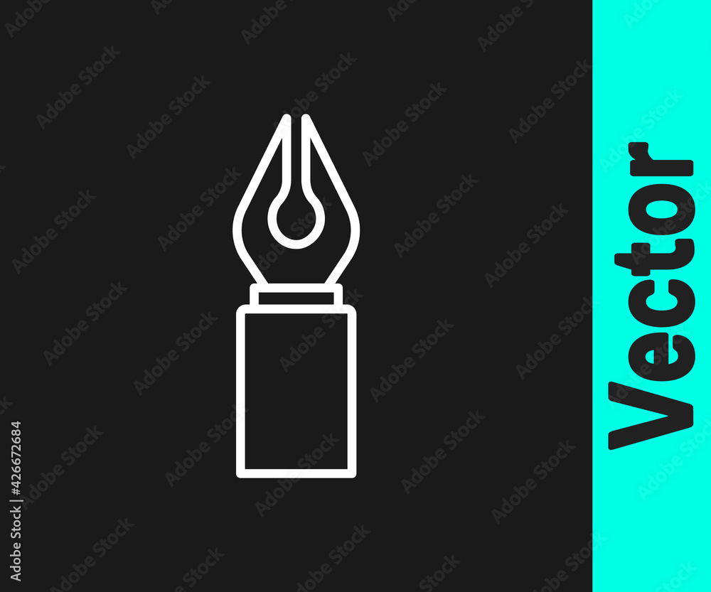 White line Fountain pen nib icon isolated on black background. Pen tool sign. Vector White line Fountain pen nib icon isolated on black background. Pen tool sign. Vector