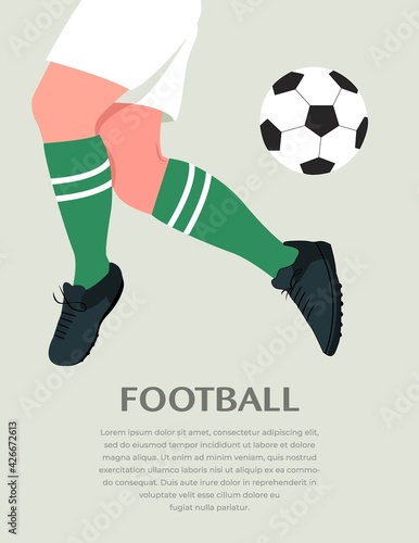 Banner of Soccer concept, Kicking Ball. Illustration of football player playing ball. Soccer player hits a ball. close up legs and feet of football player with ball, Vector Illustration