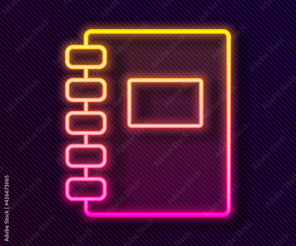 Glowing neon line Notebook icon isolated on black background. Spiral notepad icon. School notebook. Writing pad. Diary for school. Vector Glowing neon line Notebook icon isolated on black background. Spiral notepad icon. School notebook. Writing pad. Diary for school. Vector