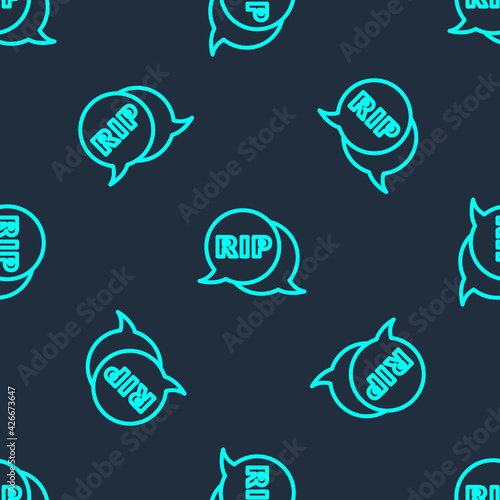Green line Speech bubble rip death icon isolated seamless pattern on blue background. Vector