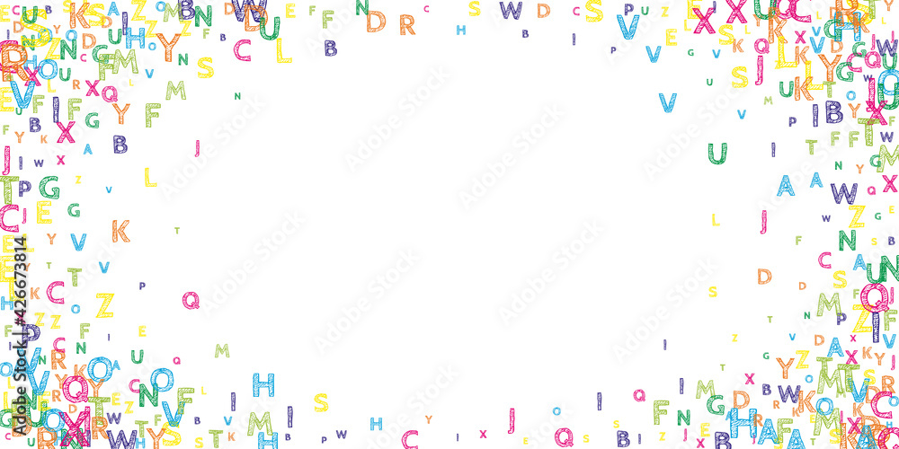 Falling letters of English language. Bright handdrawn flying words of Latin alphabet. Foreign languages study concept. Fetching back to school banner on white background.