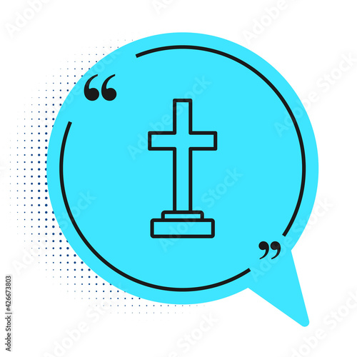 Black line Grave with cross icon isolated on white background. Blue speech bubble symbol. Vector