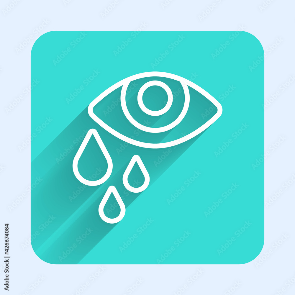 White line Tear cry eye icon isolated with long shadow. Green square button. Vector White line Tear cry eye icon isolated with long shadow. Green square button. Vector