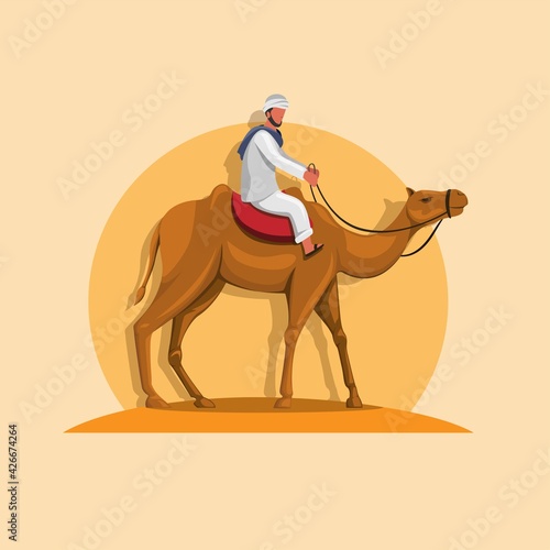 Arabic man riding camel in sand middle east asia tourist attraction concept cartoon illustration vector