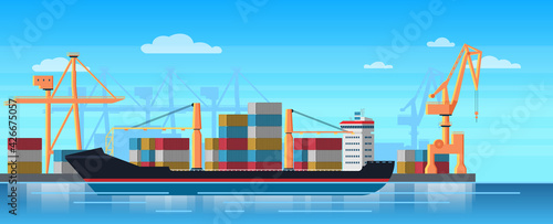 Logistics truck and transportation container ship. Cargo harbor port with industrial cranes. Shipping yard vector illustration.