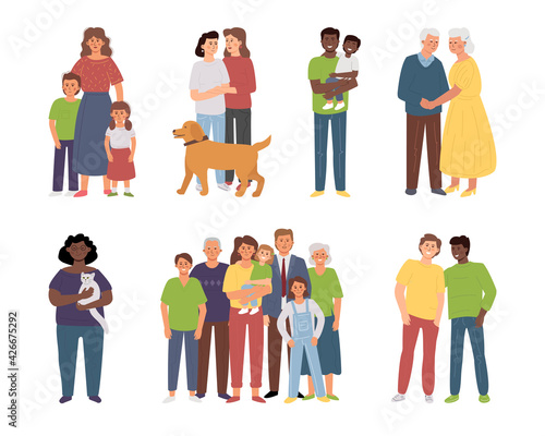 Different families: single parents, large families, elderly couple, LGBT partners, lonely woman with a pet. Diversity vector characters.