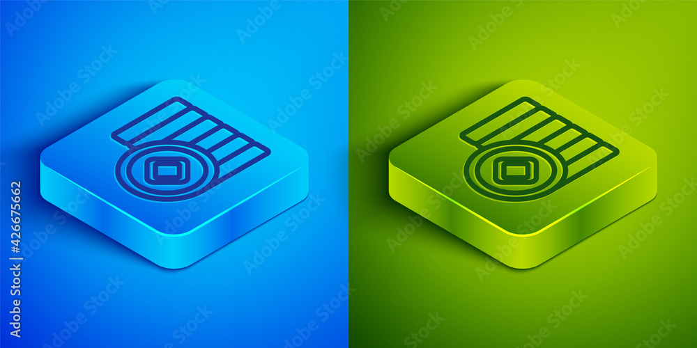 Isometric line Chinese Yuan currency symbol icon isolated on blue and green background. Coin money. Banking currency sign. Cash symbol. Square button. Vector Isometric line Chinese Yuan currency symbol icon isolated on blue and green background. Coin money. Banking currency sign. Cash symbol. Square button. Vector