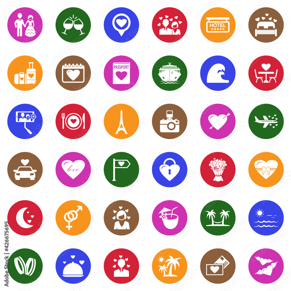 Honeymoon Icons. White Flat Design In Circle. Vector Illustration. Honeymoon Icons. White Flat Design In Circle. Vector Illustration.