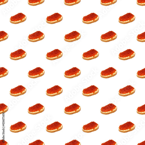 Seamless pattern of sandwich with red caviar on white background. Food abstract seamless pattern.