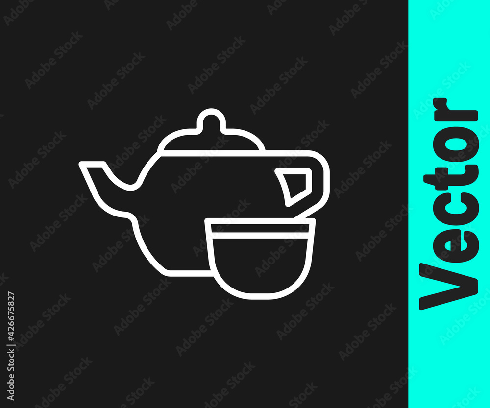 White line Traditional Chinese tea ceremony icon isolated on black background. Teapot with cup. Vector White line Traditional Chinese tea ceremony icon isolated on black background. Teapot with cup. Vector