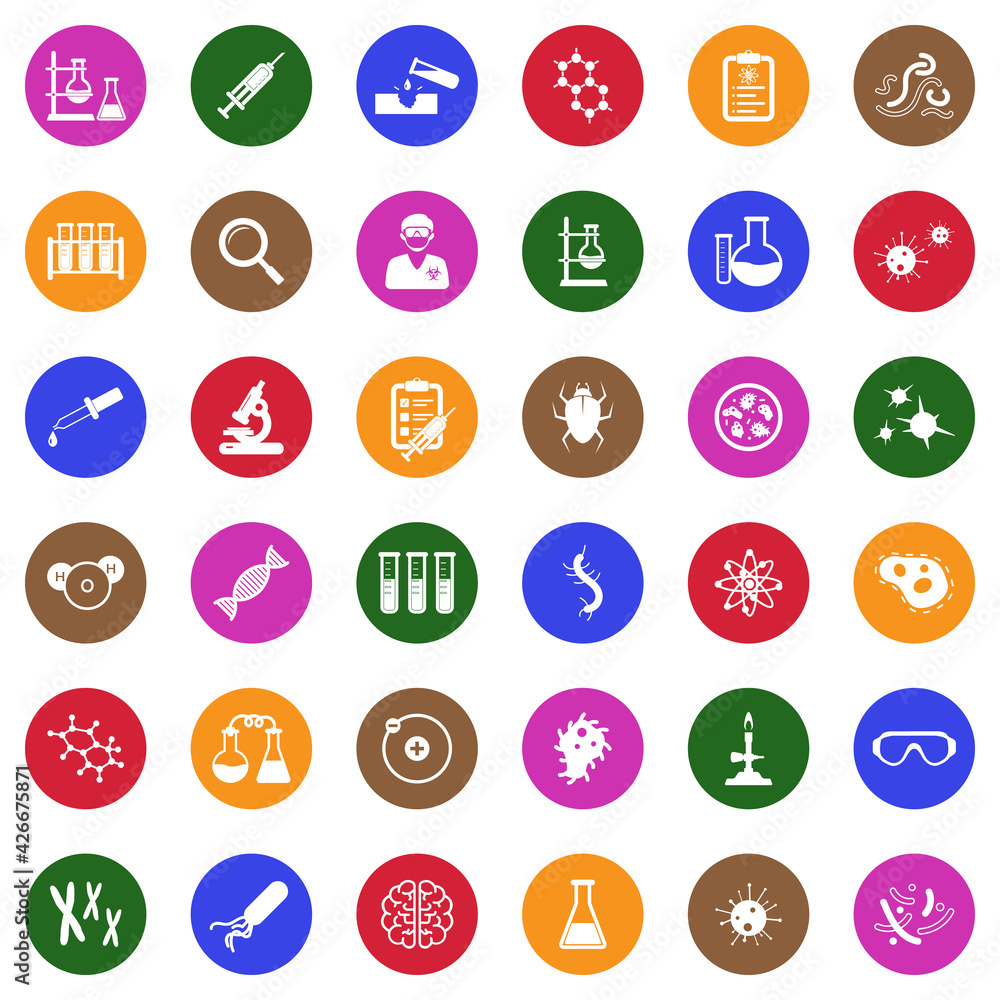 Lab And Research Icons. White Flat Design In Circle. Vector Illustration. Lab And Research Icons. White Flat Design In Circle. Vector Illustration.